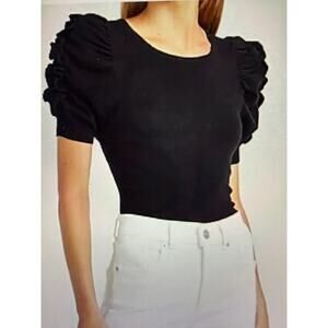 EXPRESS Short Sleeve Black Crewneck Sweater with Short Ruffle Sleeves Size L